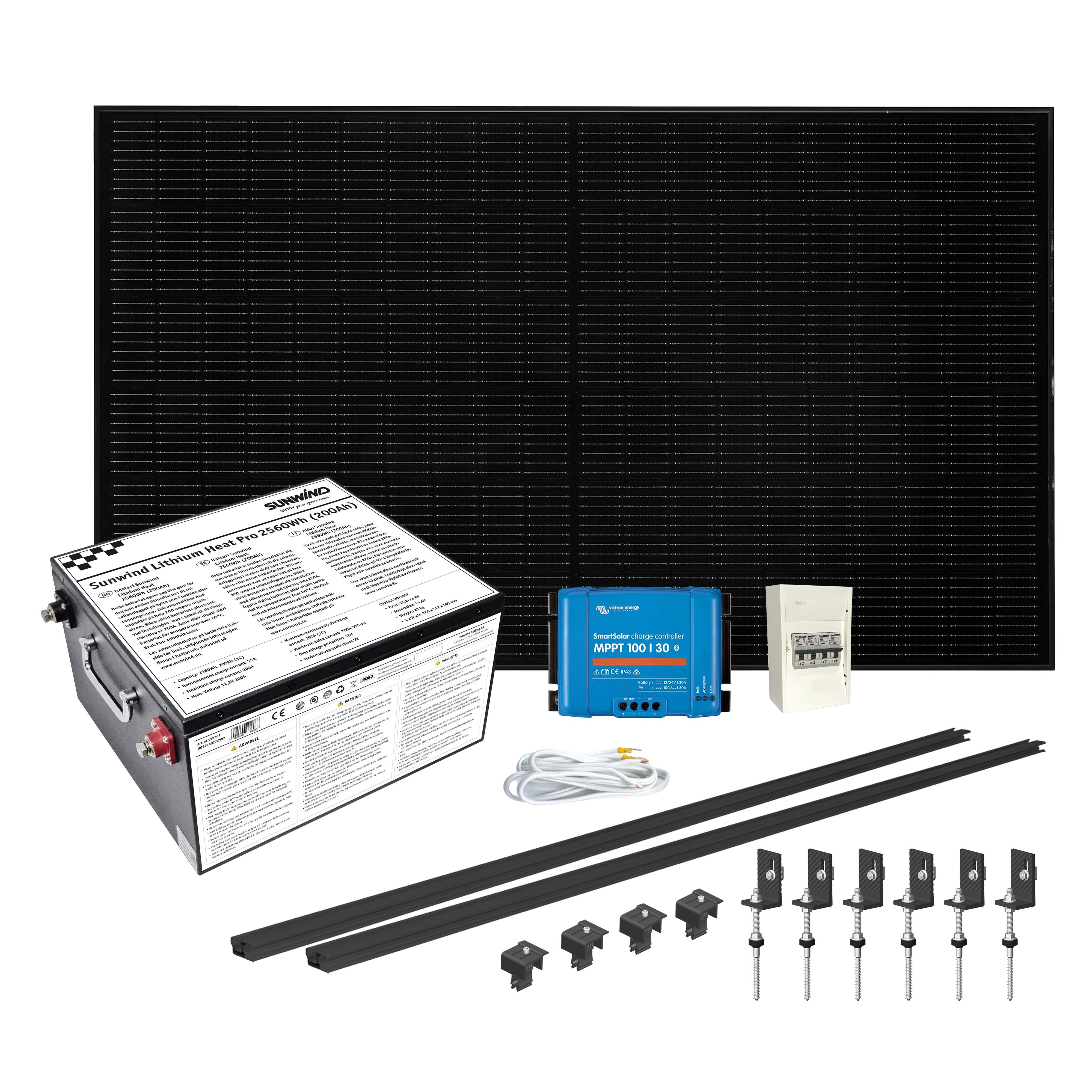 Solcelleanlegg 12V, 430 watt,  Litium 200At